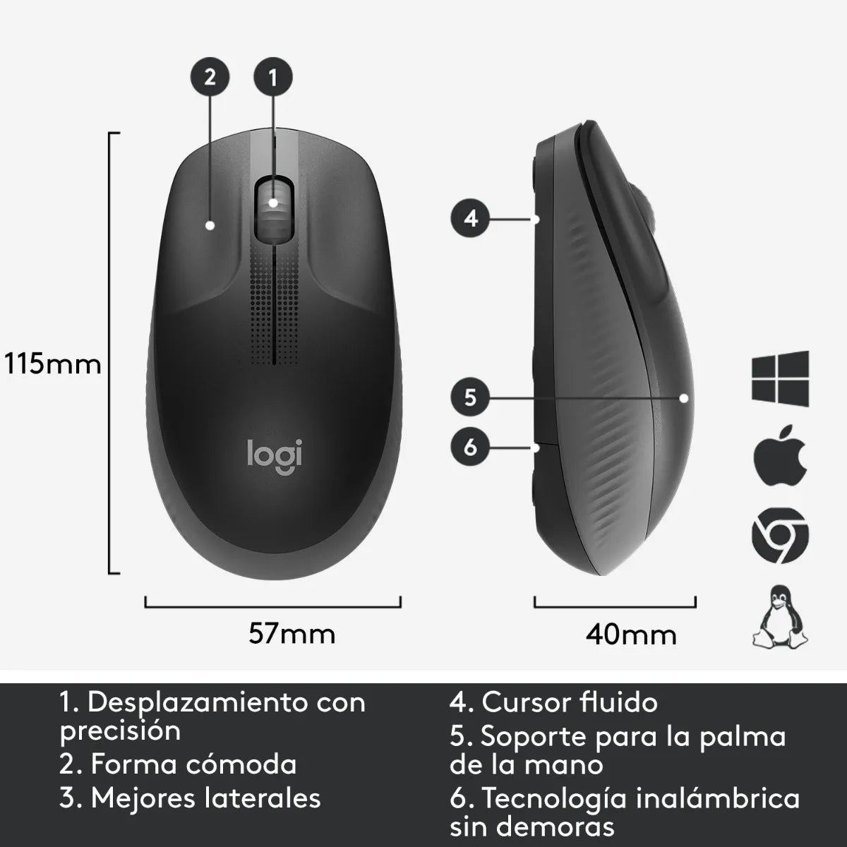 Mouse Inalámbrico Full-size Logitech M190, Negro / Gris